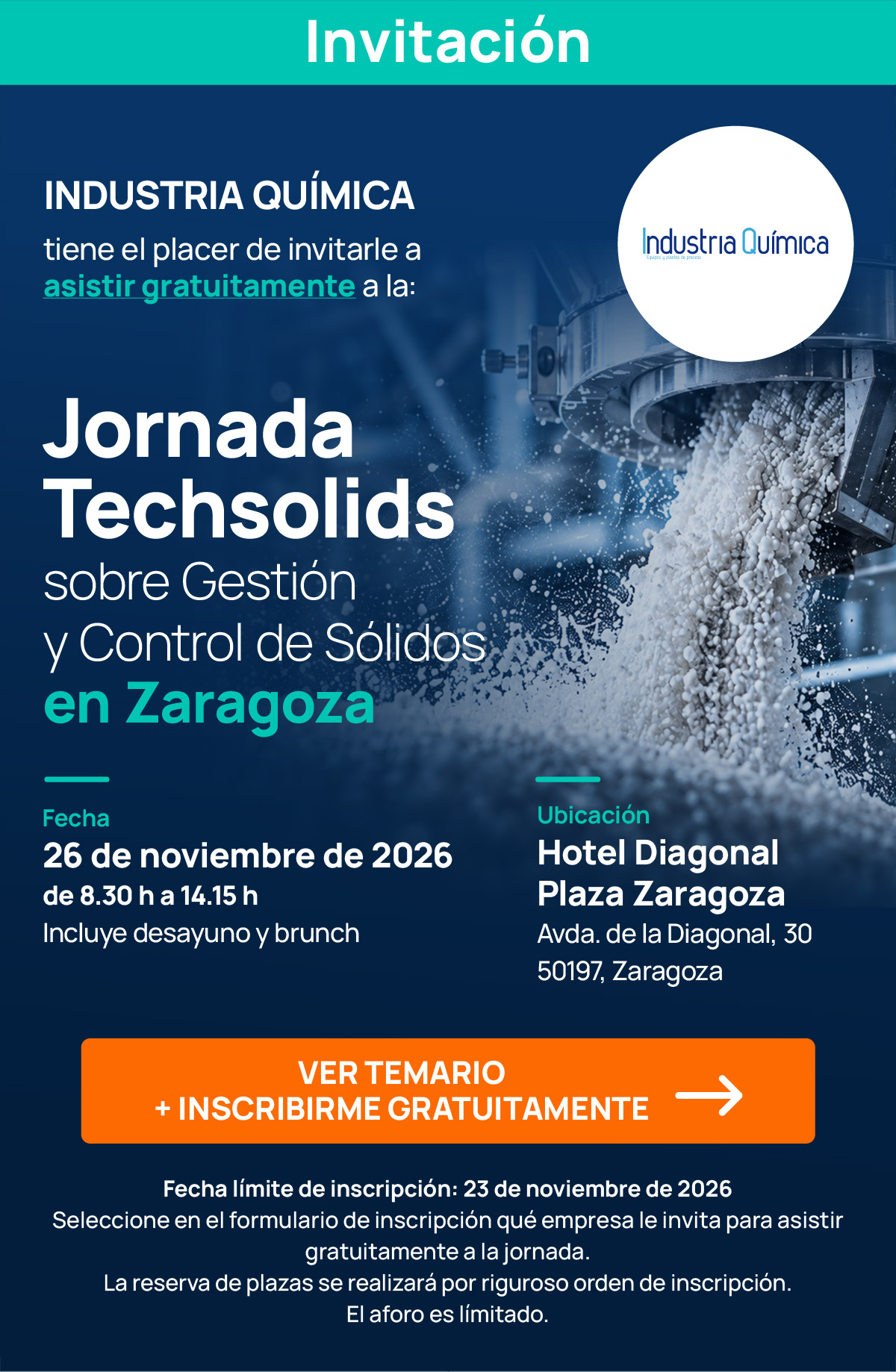Invitación a la Jornada Techsolids sobre Gestión y Control de Sólidos en Zaragoza, 26 de noviembre de 2026